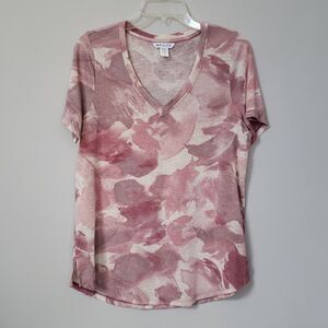Athleta V Neck Tee Shirt Womens L Pink Cream Abstract Graphic Sporty Yoga Tunic